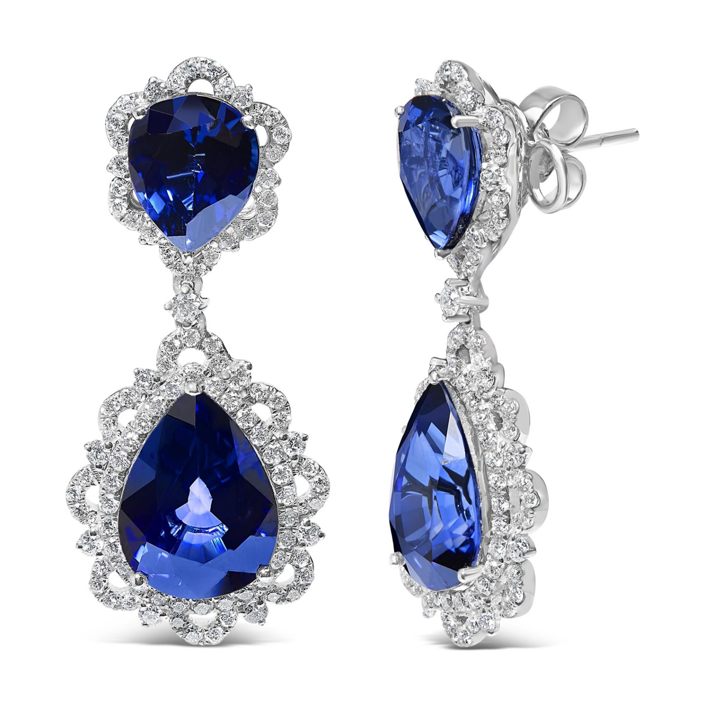 18K White Gold Blue Sapphire and Diamond 2.00 Cttw Diamond Halo Drop and Dangle Earring (G-H Color, SI1-SI2 Clarity)