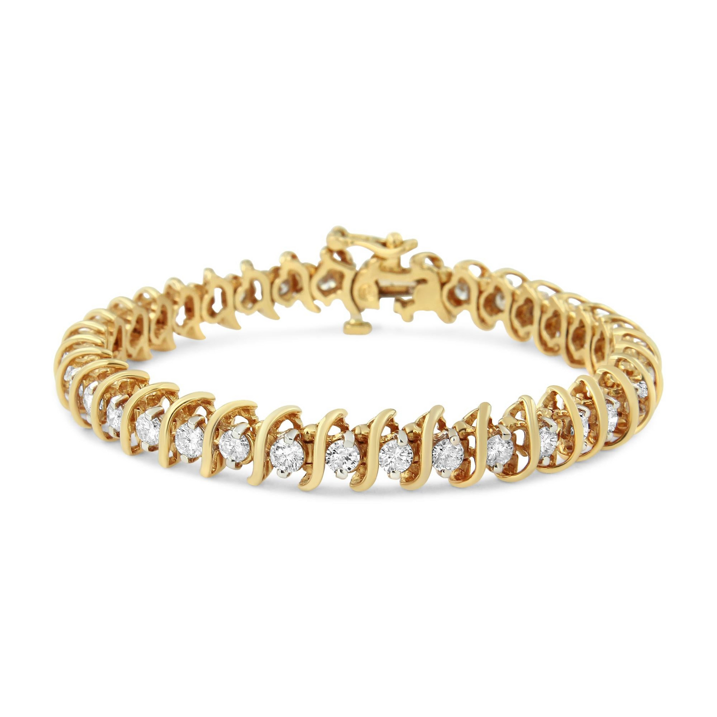 AGS Certified 18K Yellow Gold 5.00 Cttw "S" Link Wrapped 2-Prong Set Round Brilliant Diamond Tennis Bracelet (G-H Color, I1-I2 Clarity) - Size 7