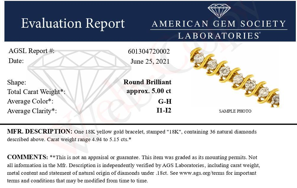 AGS Certified 18K Yellow Gold 5.00 Cttw "S" Link Wrapped 2-Prong Set Round Brilliant Diamond Tennis Bracelet (G-H Color, I1-I2 Clarity) - Size 7