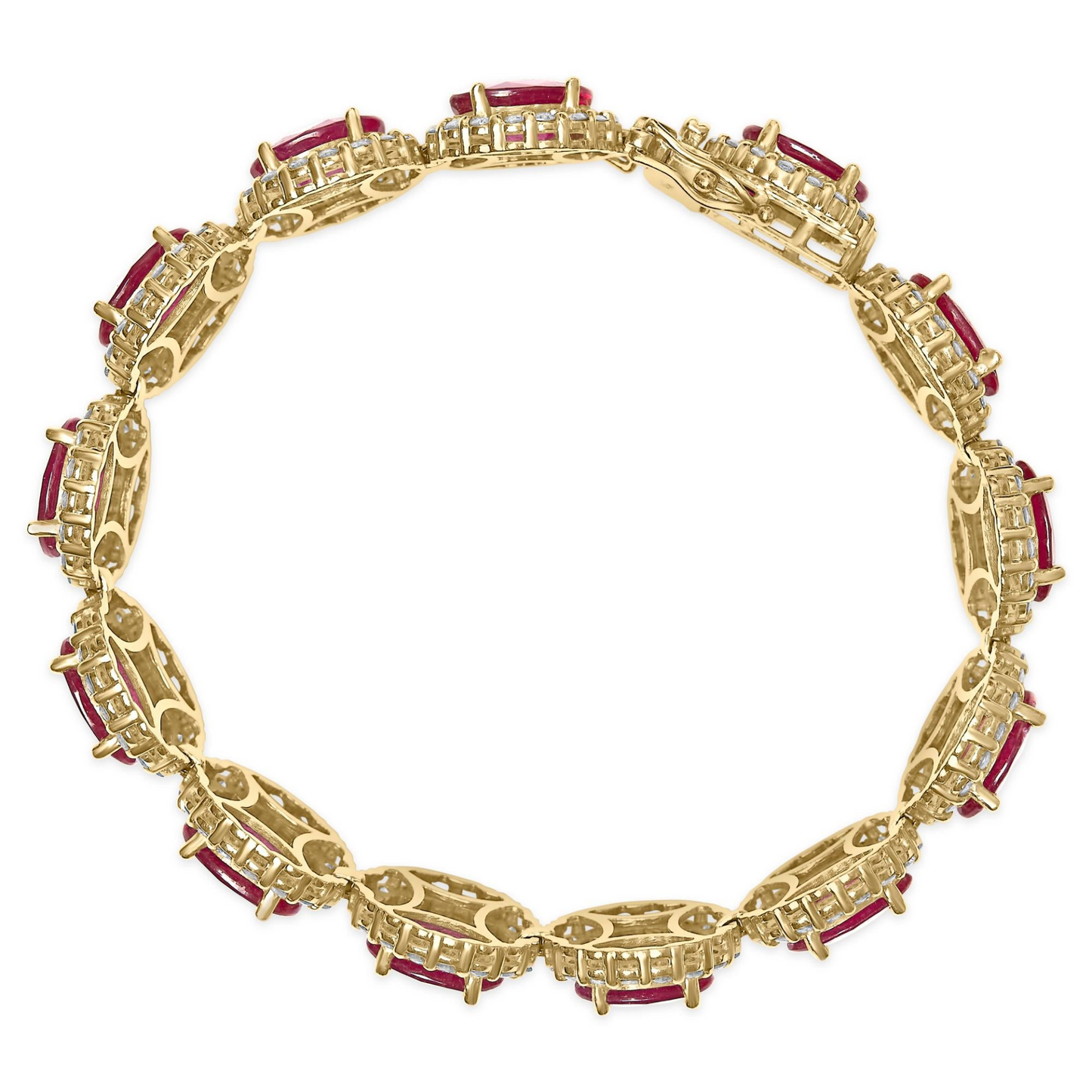 14K Yellow Gold 6 2/5 Cttw Diamond and 34.0 Cttw Oval Red Ruby Halo Link Bracelet (I-J Color, SI1-SI2 Clarity) - 7.25" Inches